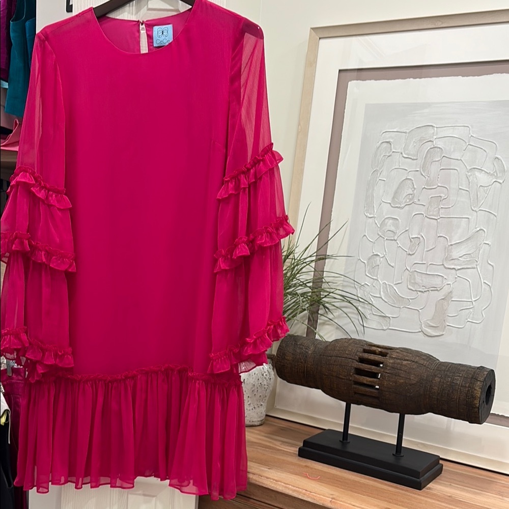 CeCe Vibrant Pink Ruffle Dress - Sheer Sleeves